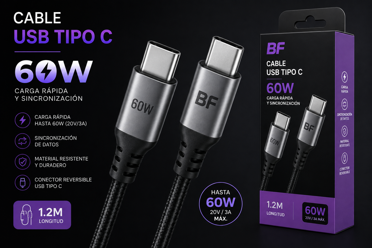CABLE USB TIPO C - 60W