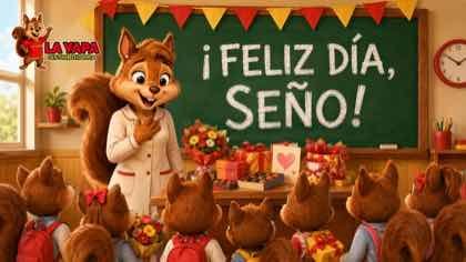 Banner promocional Día del Maestro - La Yapa Distribuidora, ardilla maestra con alumnos y mensaje ¡Feliz día, Seño!